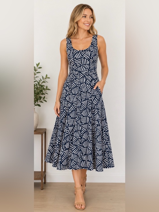 Joie Dresses & Skirts - 168 Joie Navy & Ivory Geometric Sleeveless Fit Flare Dress 8 Cotton Stretch